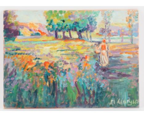 Maggy Clarysse. Portrait of a Woman in a Flowering Landscape. Oil on canvas board, initialled lower right and signed verso. 2