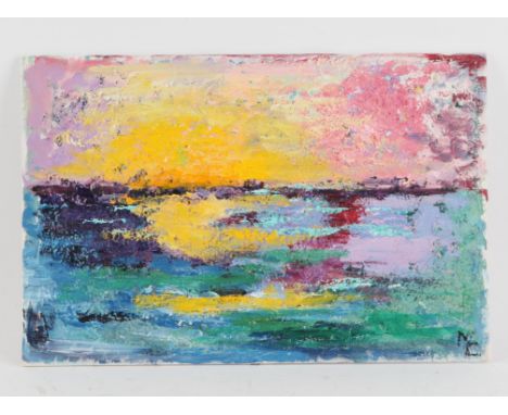 Maggy Clarysee. Seascape at Sunset. Oil on canvas board, initialled lower right and signed verso. 22 x 33cm.PROVENANCE; The r