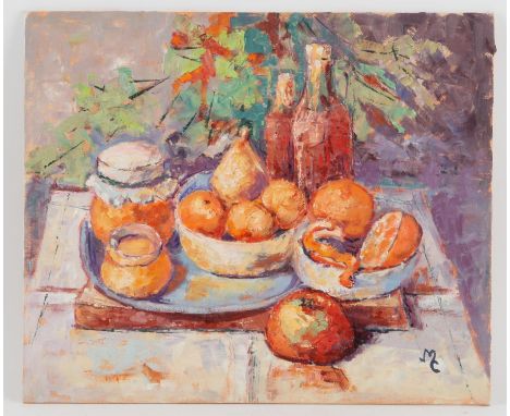 Maggy Clarysse. Still Life of Wine, Fruit and Bread on a Table. Oil on canvas board, initialled lower right and signed verso.