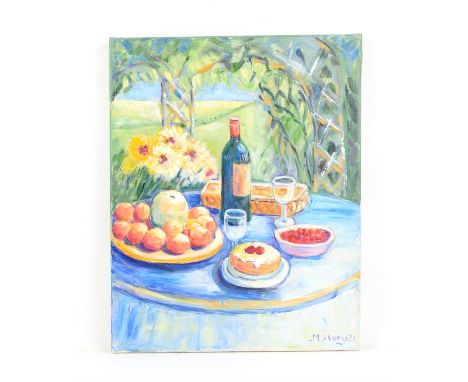 Maggy Clarysse. Food and Wine on a Garden Table. Oil on canvas, signed lower right. 50 x 40cm.PROVENANCE; The residual studio