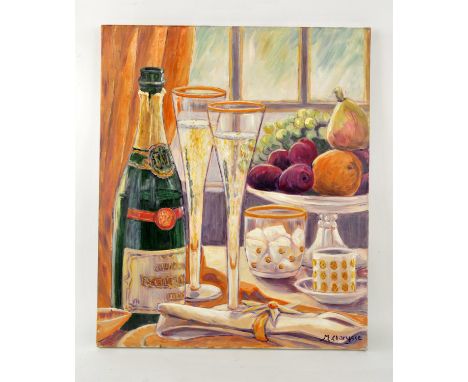 Maggy Clarysse. Still Life with a bottle of Wine, two glasses and Fruit. Oil on canvas board, signed lower right. 55 x 46cm.P