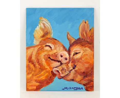 Maggy Clarysse. A Pair of Friendly Pigs. Oil on canvas board. Signed lower right. 27 x 22cm. PROVENANCE; The residual studio 