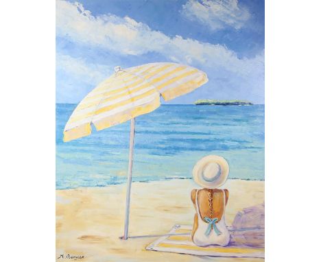 Maggy Clarysse.  Portrait of a Woman with Parasol on the Beach. Oil on canvas, signed lower left. 100 x 80cm.PROVENANCE; The 