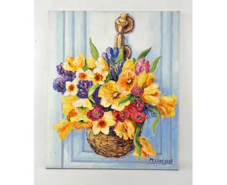 Maggy Clarysse. Still Life of a Bouquet of Flowers hanging on a door.. Oil on canvas, signed lower right and verso. 55 x 46cm