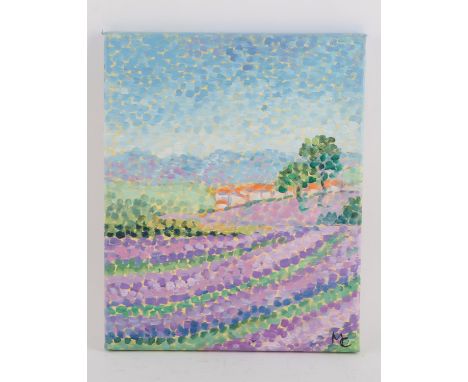 Maggy Clarysse. Lavender Field with village beyond. Oil on canvas, initialled lower right and signed verso. 30 x 24cm.PROVENA