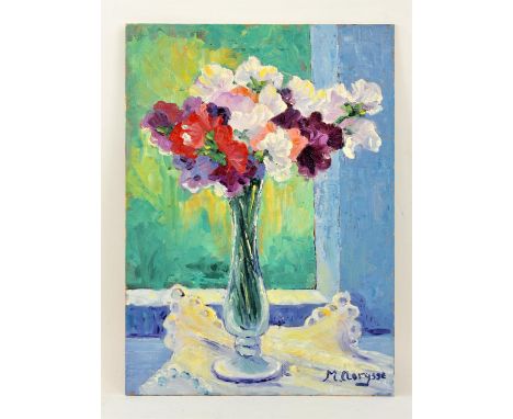 Maggy Clarysse. Still Life of Flowers, Sweet Peas in a Vase. Oil on board, signed lower right and verso. 33 x 24cmPROVENANCE;