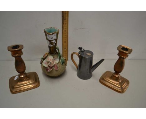 Mixed Lot: Pair of copper candlesticks, floral encrusted vase and a small silver plated teapot