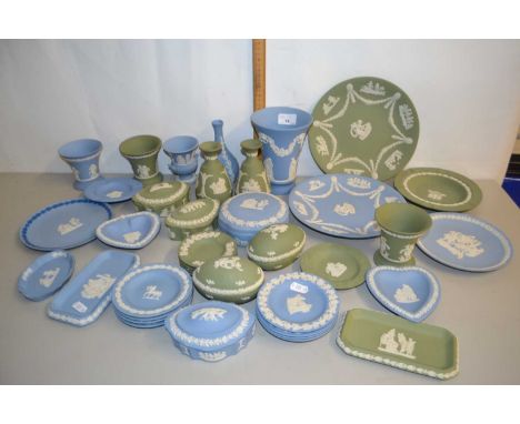 A collection of various modern Wedgwood Jasper ware vases, plates, trinket boxes etc