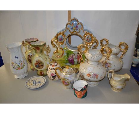 Mixed Lot: Continental porcelain clock case (lacking movement), further continental gilt decorated vases, an Aynsley Cottage 