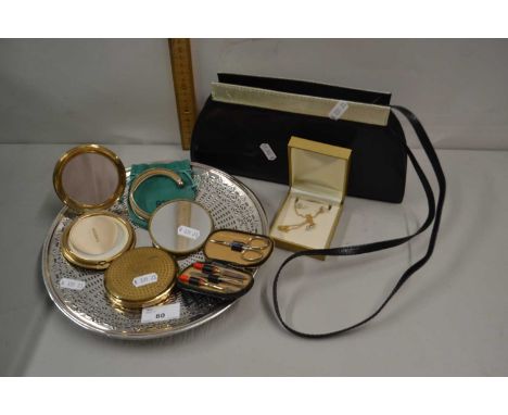 Mixed Lot: Silver torque style bracelet, powder compact, manicure set, hand bag etc