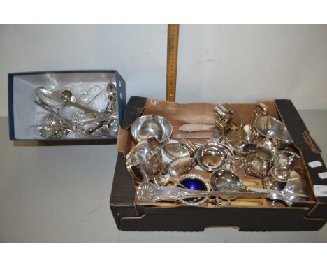 Two boxes of various silver plated cutlery, candlesticks, cruet items etc