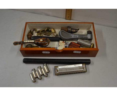 Box containing mouth organ, cigarette lighter, various other assorted items