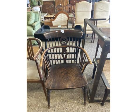 19th Century elm seated stick back chair - lacking front support to left hand arm and some woodworm damage apparent