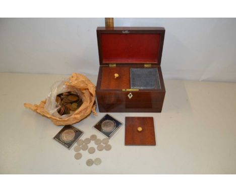 Small mahogany tea caddy containing various pre-decimal pennies and commemorative crowns