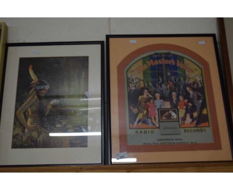 Framed His Masters Voice (HMV) calendar produced for Shepperson Bros Market Place, Sutton in Ashfield, Nottinghamshire togeth