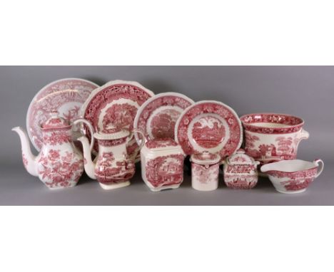 An Adams English Scenic thirty four piece red printed dinner service, six pieces of Masons Vista pattern, four pieces of Spod