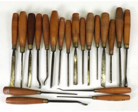 A collection of twenty vintage wood working tools, some stamped Townley &amp; Sons or T. G. Jay Worcester, brass ferrules, mo