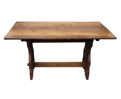 Three reproduction stick and wheel back Windsor chairs and oak refectory style dining table, 137cm wide, 68cm deep, 73cm high