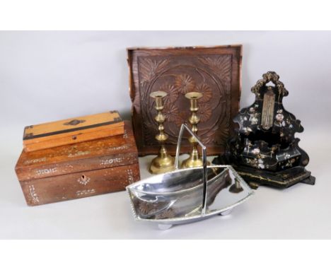 A Victorian black papier mache gilt and mother of pearl combined barometer and desk top rack, 28cm high x 28cm wide, Victoria