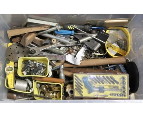 A large collection of spanners, screw drivers, socket set, hand drill and other general tools (qty).