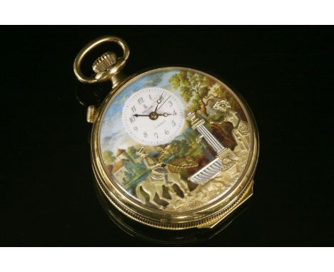 A gold-plated Charles Reuge a Sainte-Croix music automata alarm pocket watch, c.1960,signed Reuge, seventeen jewel lever move