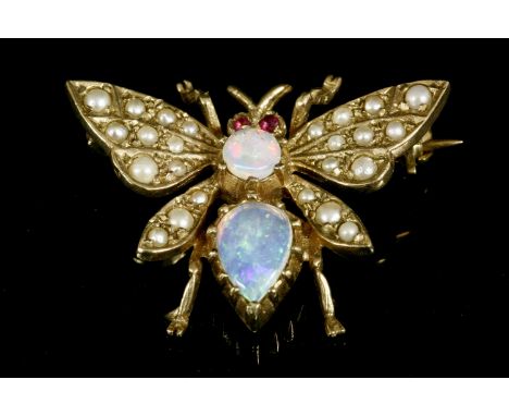 A gold opal and cultured pearl moth/butterfly brooch,the thorax and abdomen composed of a pear-shaped and circular cabochon o