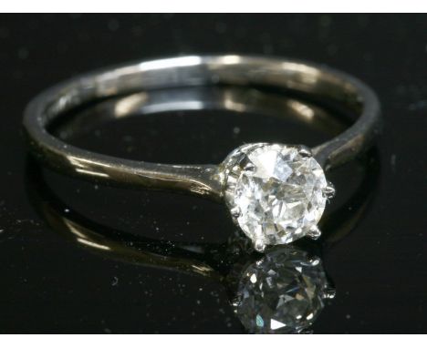 A single stone diamond ring with an old European cut diamond,estimated as approximately 0.72ct, six claw set to a coronet col