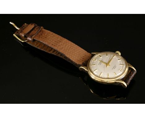 A gentlemen's 9ct gold Mappin Automatic 'Incablock OM' strap watch, c.1950,  a circular case, 33mm diameter, with a silvered 