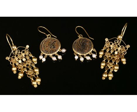 A pair of Italian ancient coin and cultured pearl drop earrings,with the coin spectacle set with a fringe of cultured pearls 