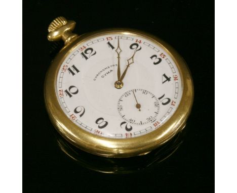 A gold open-faced pocket watch,dial signed 'CHRONOMETRE CYMA', 52mm diameter, circular white enamel dial with black Arabic nu