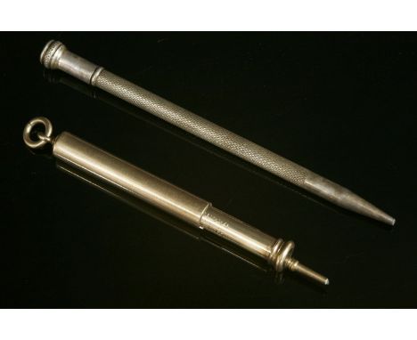 A gold Sampson Mordan telescopic action pencil,tested as approximately 9ct gold, andanother silver self propelling pencil,wit