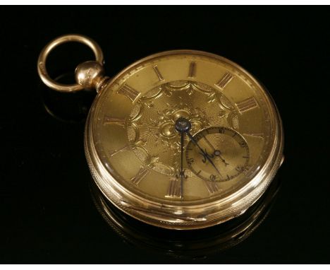 A 9ct gold key wound open faced pocket watch,case 45mm diameter, gold engine turned dial, rose gold Roman numerals, blued han