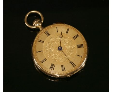 A gold key wound open faced fob watch, 33mm diameter, with a gold hand engraved foliate dial, black Roman numerals to an engi