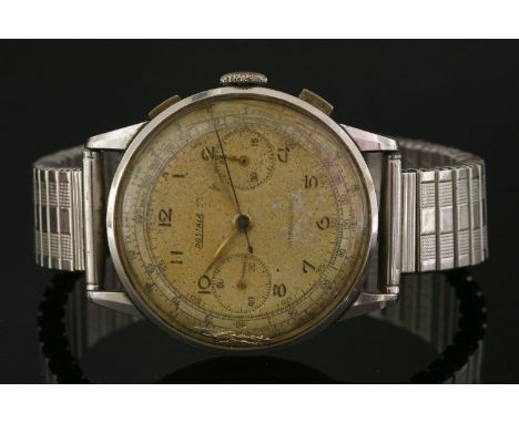 A gentlemen's stainless steel Postala mechanical strap watch, possibly c.1940,on a later expanding bracelet.  The circular ca
