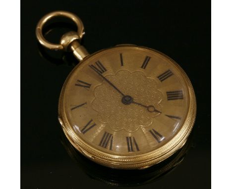 An 18ct gold key wound Repeater fob watch,35mm diameter.  Gold engine turned dial with black Roman numerals and blued breguet