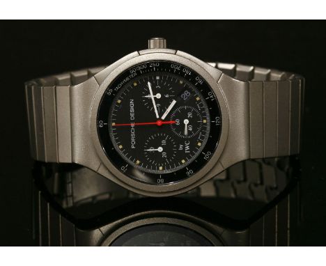 A gentlemen's titanium IWC Porsche design bracelet watch '3732 TIT',  case 36mm with black dial, dot markers, white hands, re