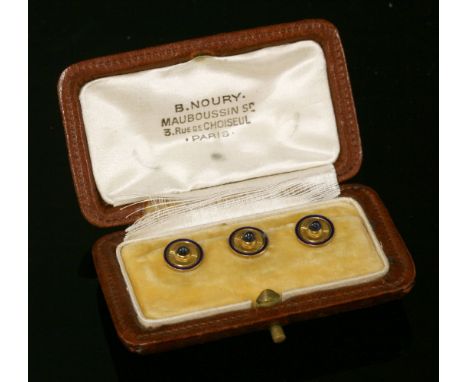 A set of three French gold dress studs, each circular head with a circular cabochon sapphire, rub set to the centre, with eng