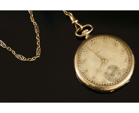 An Art Deco rolled gold open face Tempo pocket watch,champagne engine turned dial with applied gilt Arabic numerals and subsi