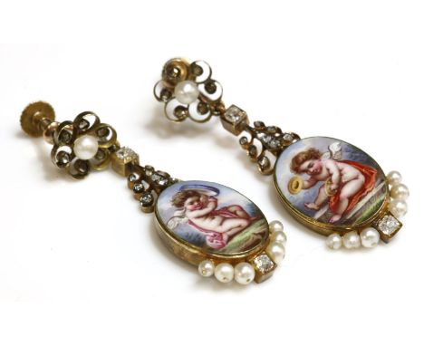 A pair of Victorian pearl, diamond and enamel drop earrings,with later screw fittings.  Each earring with a hand-painted poly