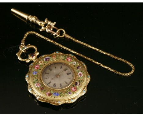 A Swiss gold and enamel key wound cylinder fob watch, c.1820-1830,Jean-Francois Bautte & Cie, à Genève .  A scalloped case, 4