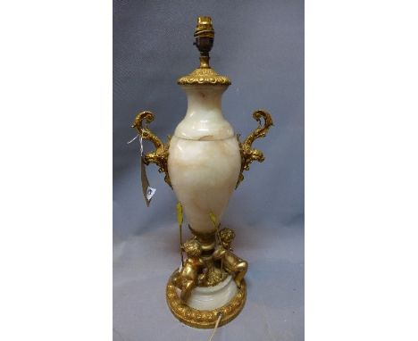 An 18th Century style marble and ormolu table lamp decorated with putti with pitch forks. H-56cm 