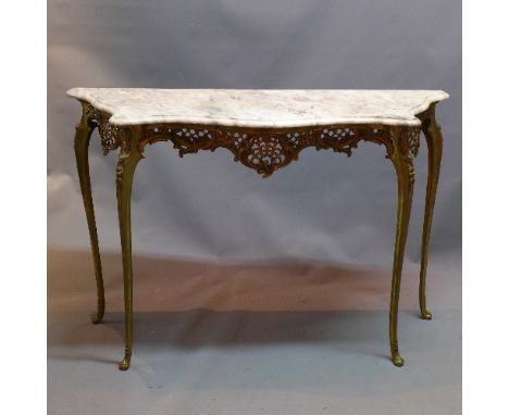 A Rococo style gilt metal console table having ornate floral design with marble top, raised on cabriole legs. H-73cm, W-110cm