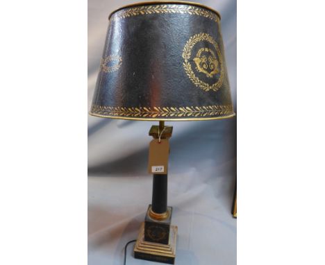 A Regency style toleware table lamp, ebonised and gilt painted with flowers, raised on stepped square base, H. 78cm