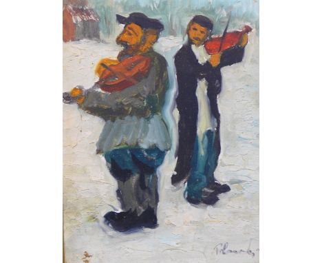 20th Century Israeli school, two violinists playing in the street, oil on board, indistinctly signed lower right, 21cm x 15cm
