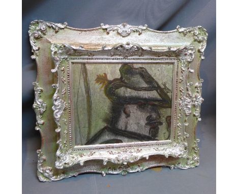20th century school, Profile of a Man wearing a Bycocket hat, mixed media on board, monogrammed 'RB' lower left, 26 x 34cm