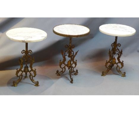 A set of three 18th Century style gilt metal lamp tables with marble tops. 