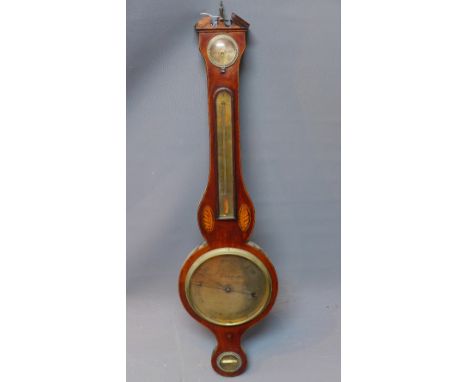A 19th Century mahogany wheel barometer with marquetry shell inlay, signed, J. Falciola of Nottingham, H:99cm