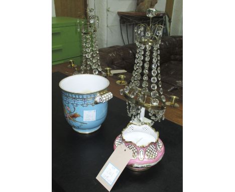 TABLE CANDELABRA, a pair, with cascading drops along with a French ceramic ice pail and potpourri bowl, 45cm H. (4)