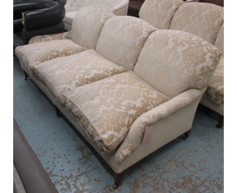 SOFA, Howard style, three seater with brown patterned upholstery, 216cm L. (with faults)