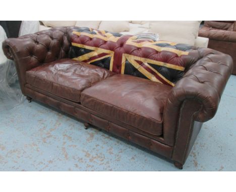 ANDREW MARTIN SOFA, two seater, 'Rebel Union Jack' brown leather with Union Jack flag to back, originally cost £3300, 221cm L